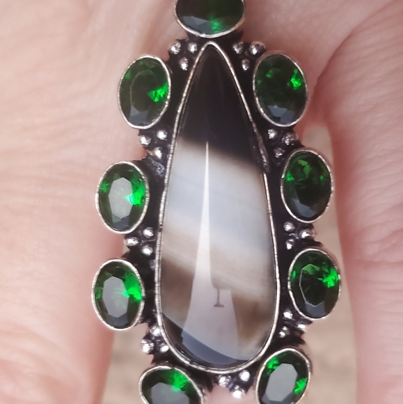 New Oversized Banded Agate & Peridot 925 Silver Statement Ring. - Picture 6 of 14